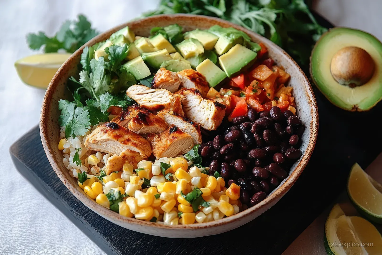 Close-up of a bowl with grilled chicken, black beans, corn, diced avocado, tomato salsa, cilantro, and rice.