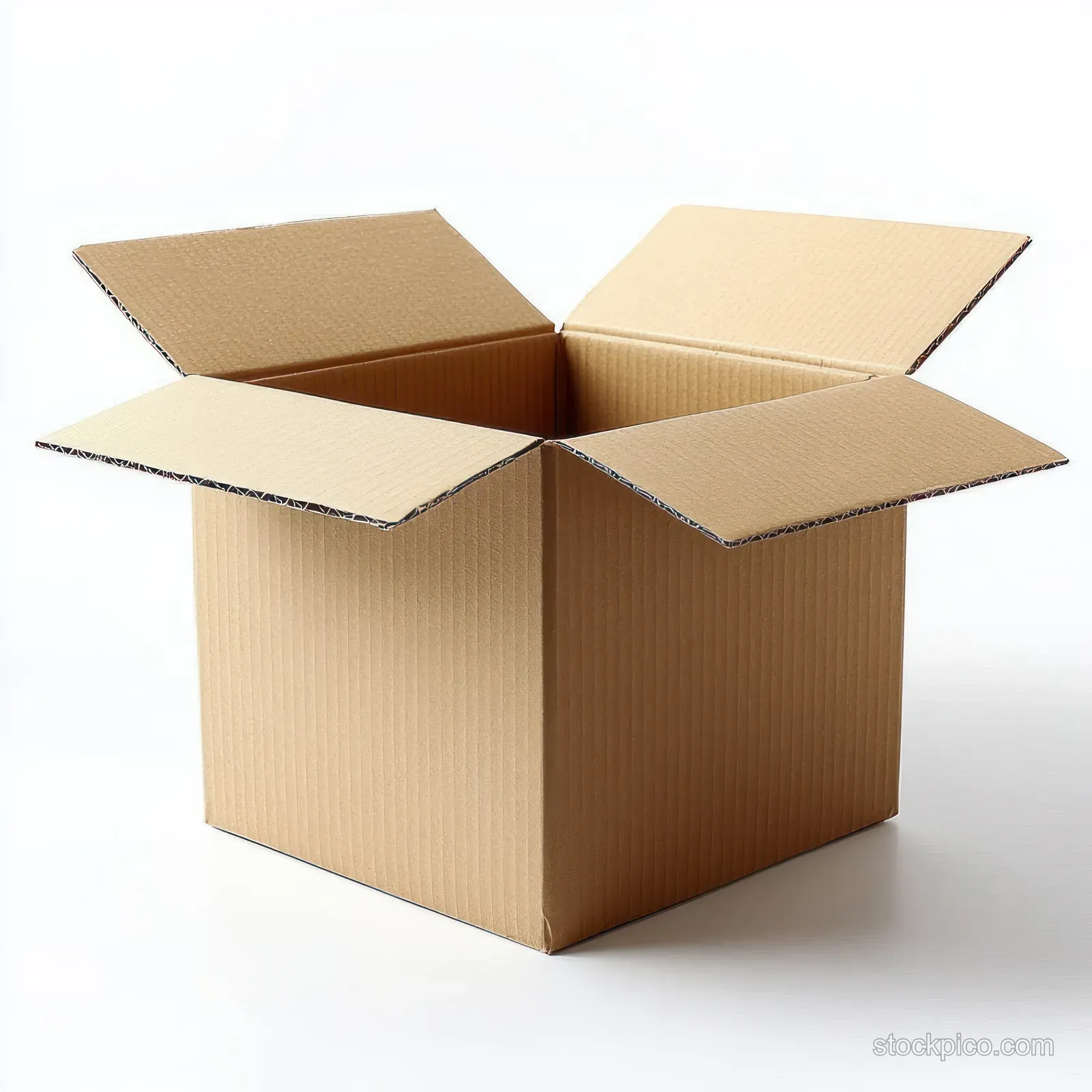 Open brown cardboard shipping box with flaps spread wide on a plain white background.