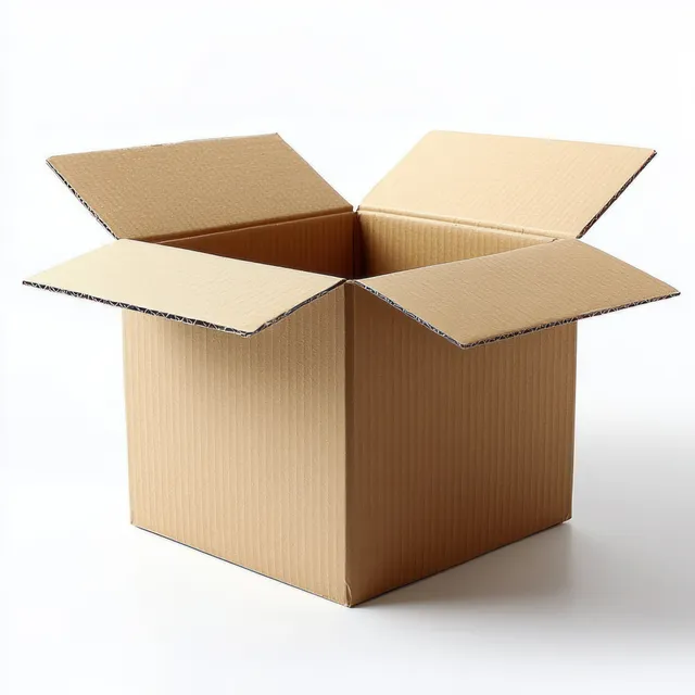 Open brown cardboard shipping box with flaps spread wide on clean white background