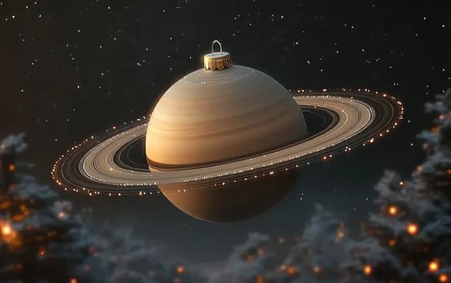 A Saturn Christmas ornament floats in a starry space scene with glowing rings and warm highlights.