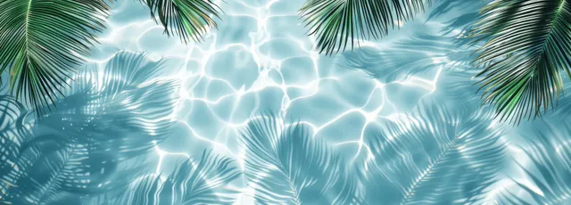 Tropical palm leaves frame sunlit ocean ripples with striped shadows in a light blue banner composition.