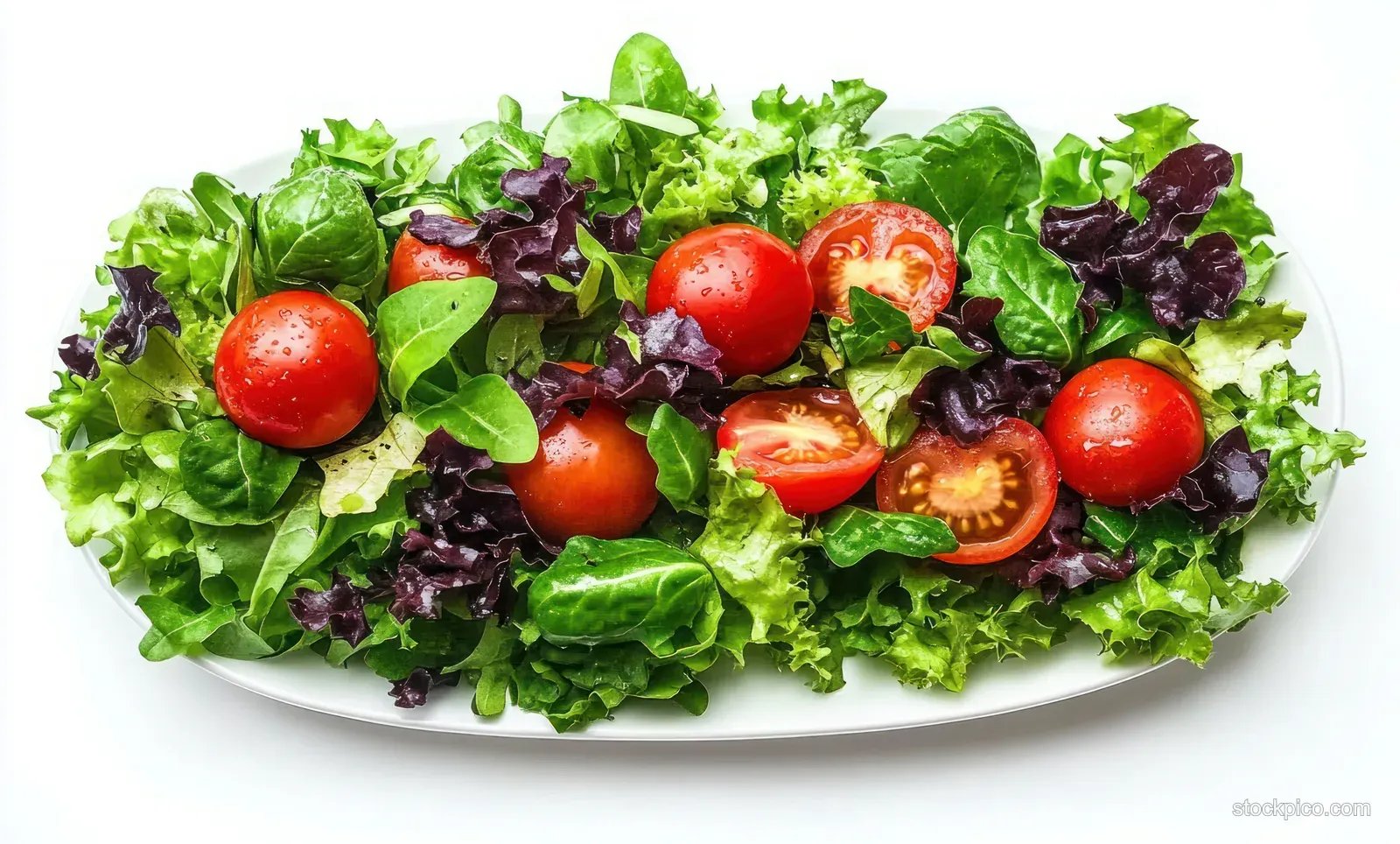 Mixed greens salad on a white plate topped with cherry tomatoes and cucumber slices.