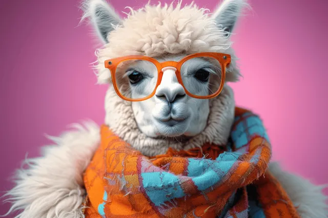 A stylish alpaca wears orange glasses and a bright outfit, exuding a playful luxury vibe in a glamorous fashion portrait.