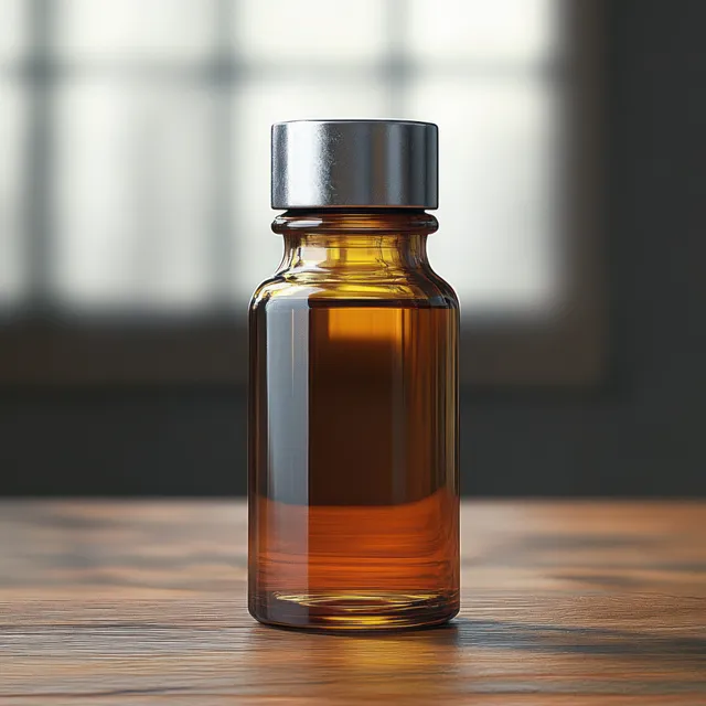 Amber glass bottle with a silver lid containing brown liquid on a wooden surface with a softly blurred window background.