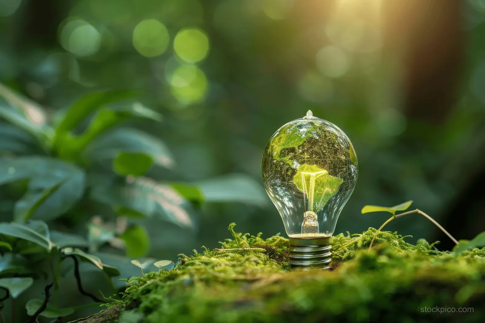 A glowing green light bulb with a tiny earth resting on moss in a sunlit forest.