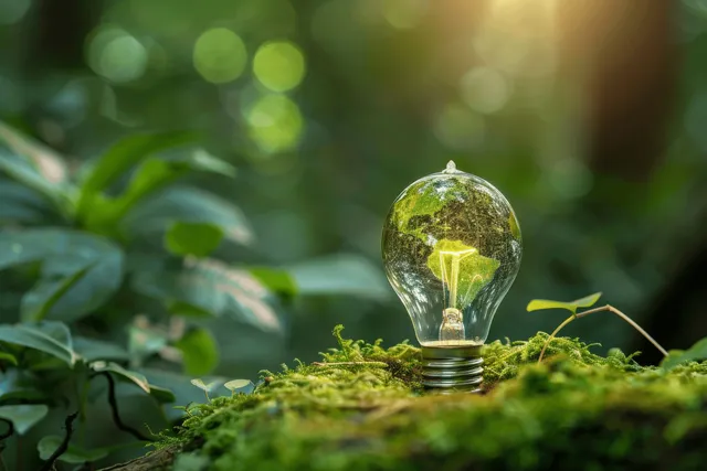 Green energy light bulb glowing on moss with a small earth inside