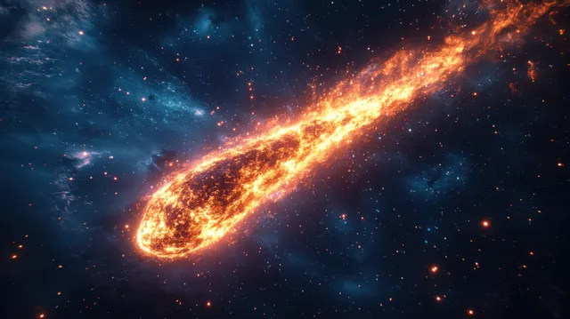 A glowing meteor with an orange fire trail approaches Earth in outer space amid flying sparks.
