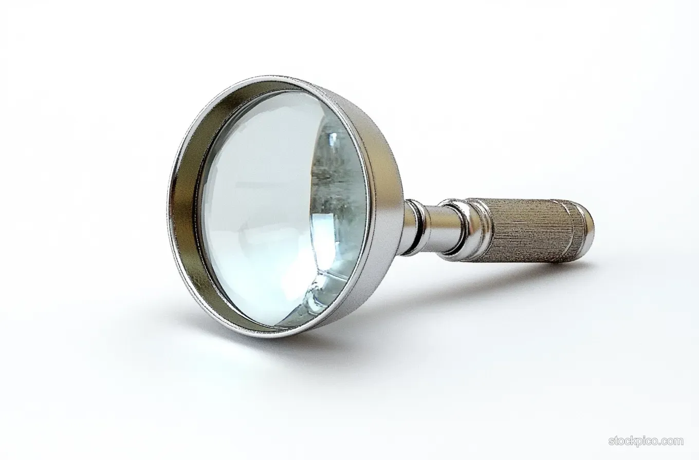 Silver magnifying glass with textured handle lying on a white surface, with reflections on the circular lens.