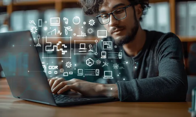 Student using a laptop while holographic e-learning and AI icons float beside the screen.