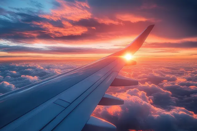 Airplane wing visible from a window with golden sunset light glowing above layered clouds.