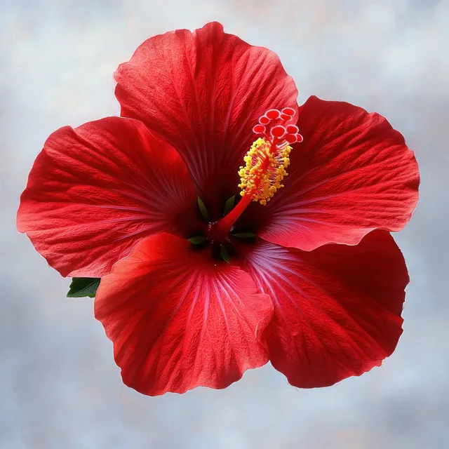 Close-up red hibiscus bloom with yellow stamens, soft blurred background