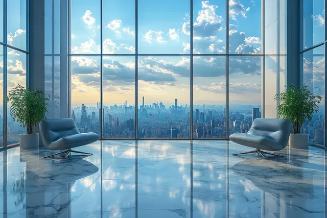 Minimalist office interior with chairs and desks visible through large windows overlooking a distant city skyline.