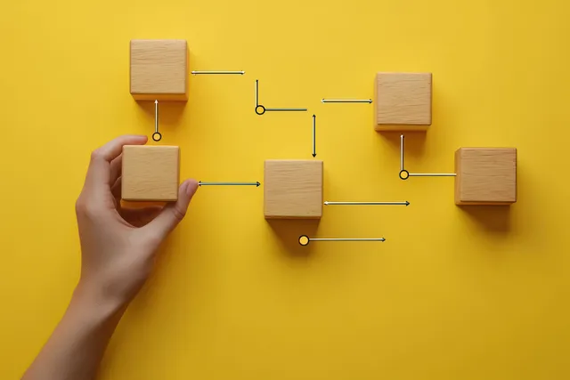 Hand arranging wooden blocks connected by white arrows on a bright yellow background flowchart layout.