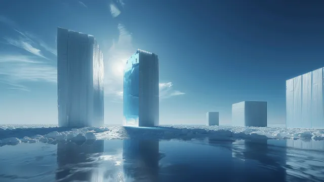 Futuristic geometric skyscrapers with wavy facade and glowing round openings above snowy city
