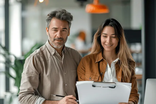 Business Man and Trainee Smiling with Clipboard in Modern Office