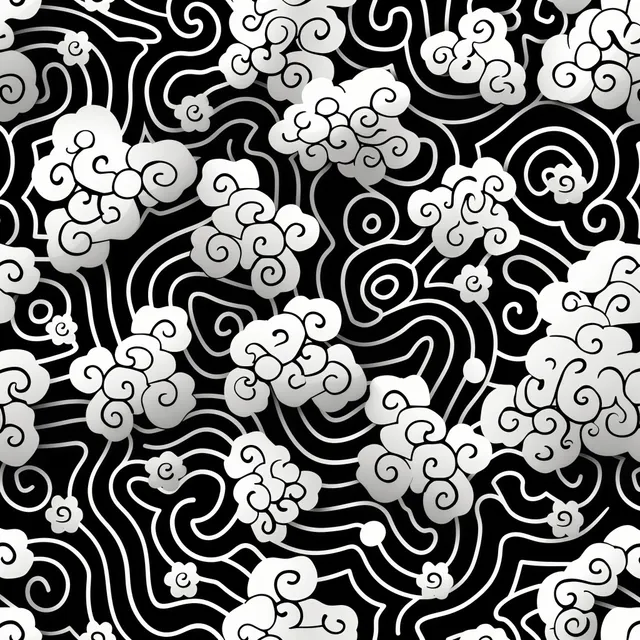 Seamless black and white doodle wave pattern with swirling cloud curls backdrop