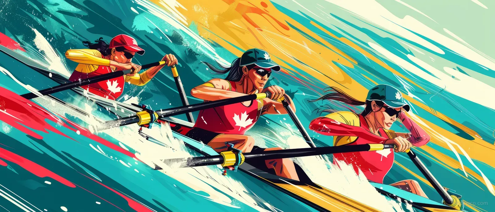Stylized image of four Canadian women rowers racing forward with paddle splashes and dynamic motion streaks.