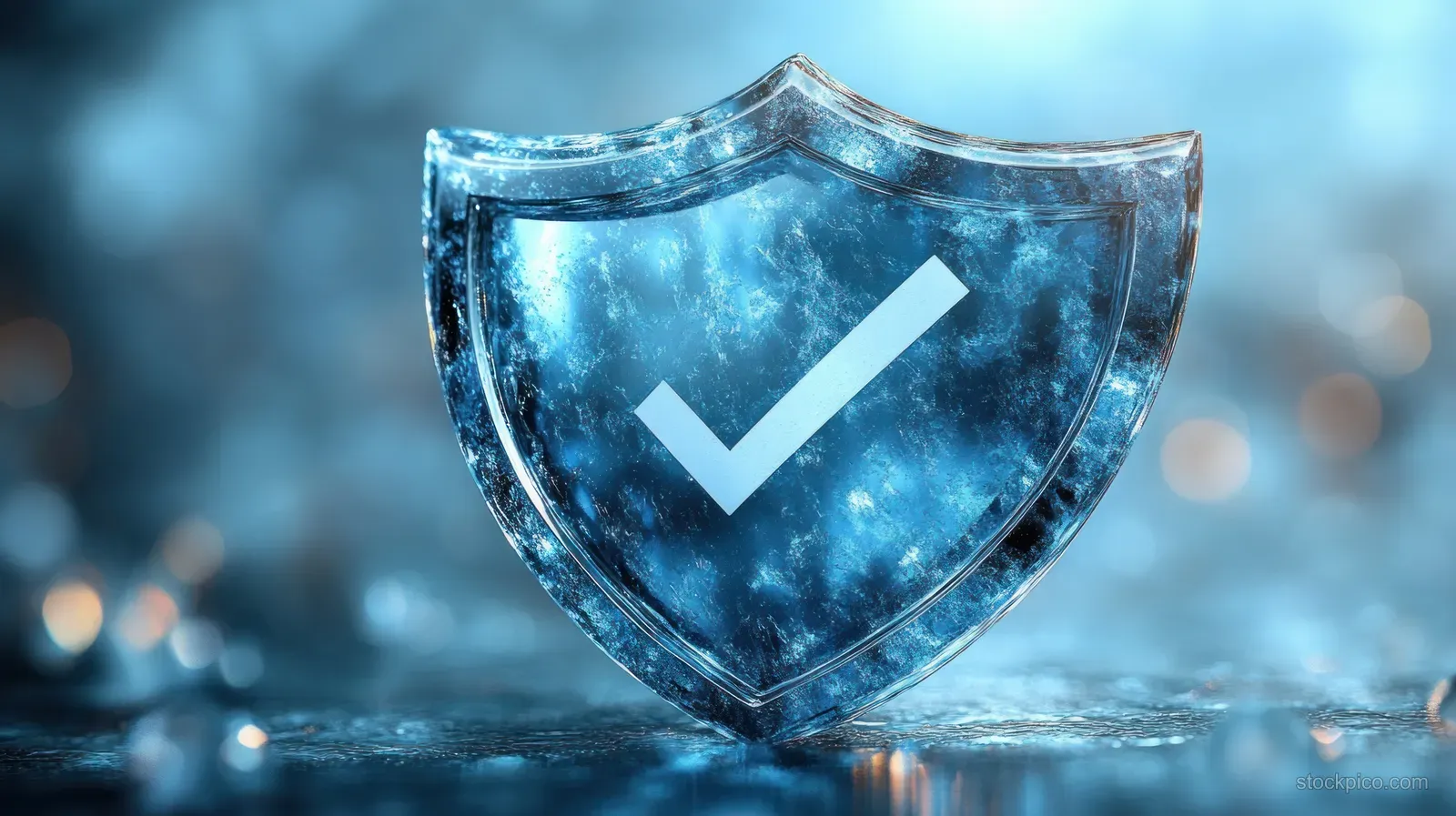 Metallic blue 3D shield with a glowing checkmark over a blurred bokeh background.