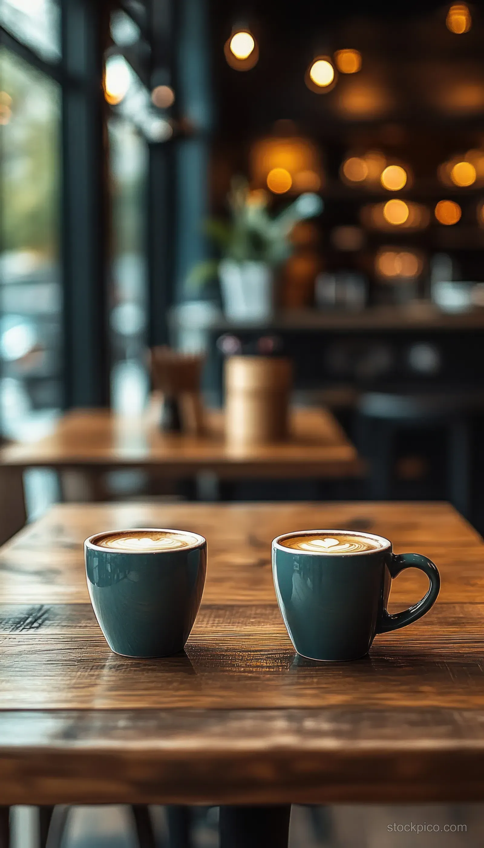 Two latte cups with heart-shaped foam art on a wooden table in a softly lit café with blurred background.