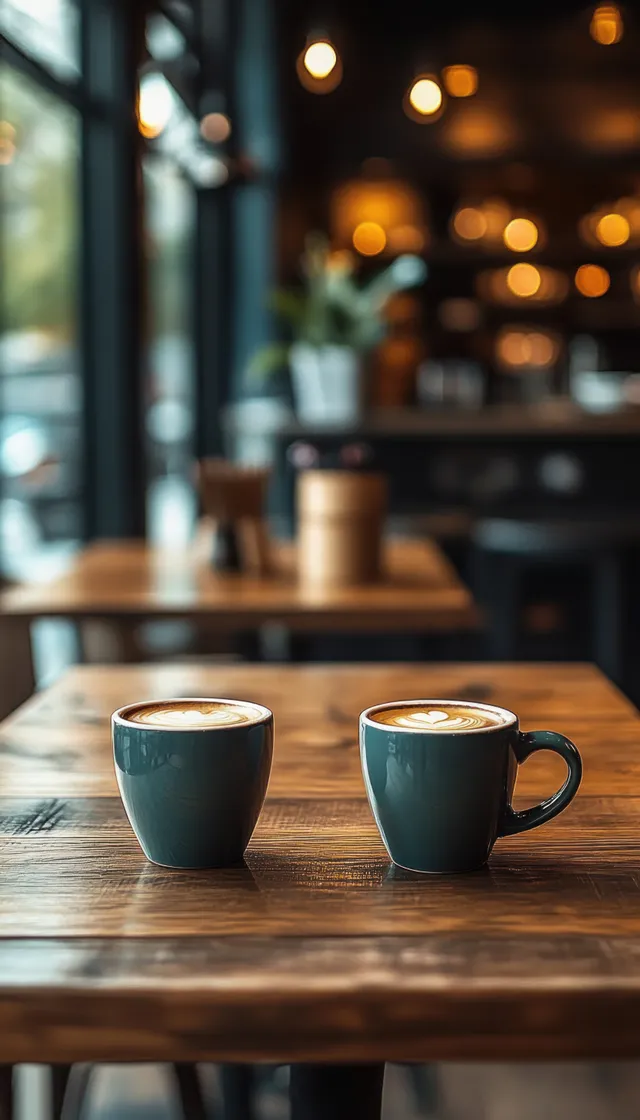 Two latte cups with heart-shaped foam art on a wooden table in a softly lit café with blurred background.
