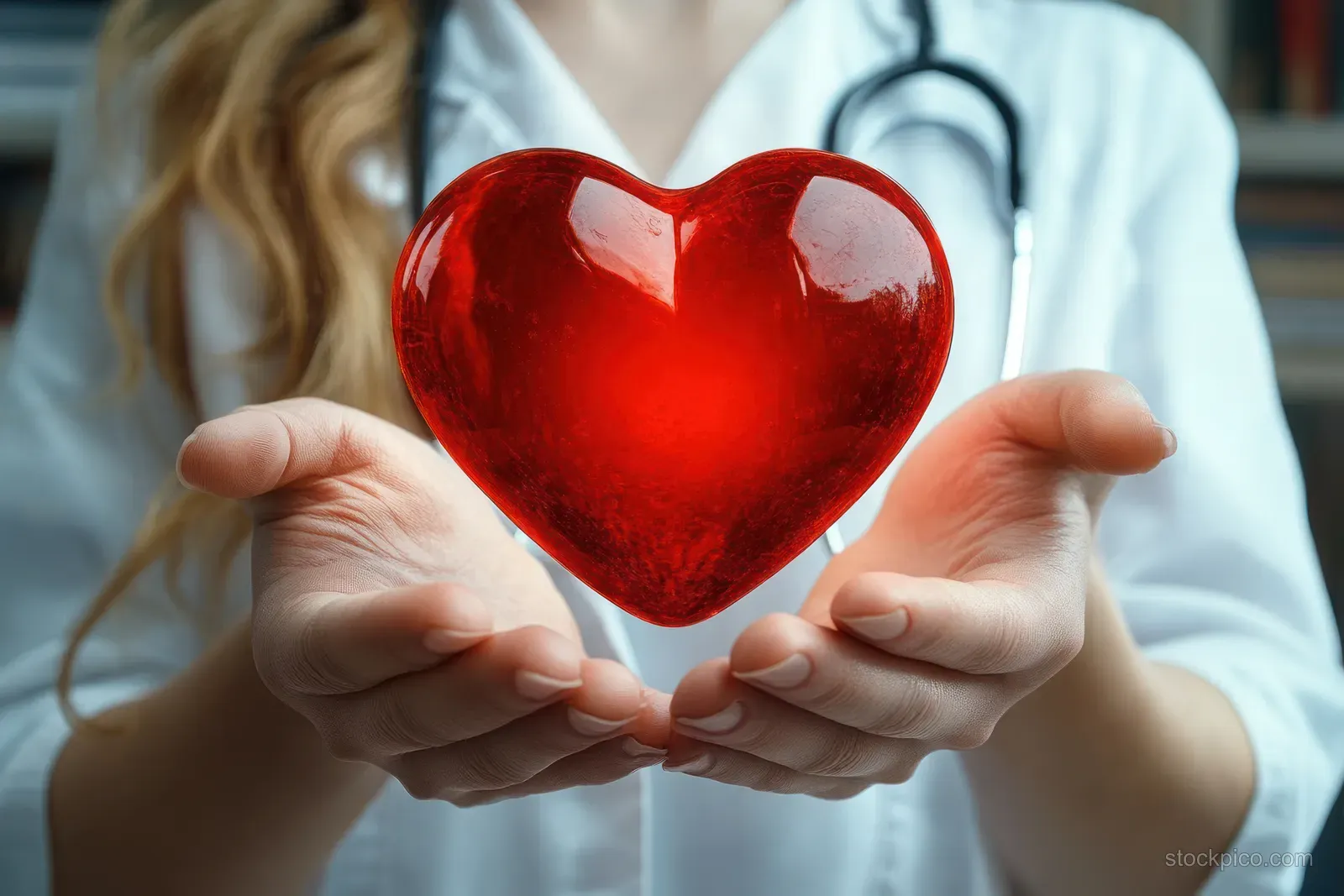 A doctor holds a glowing red heart between her hands while a stethoscope is visible in the background.