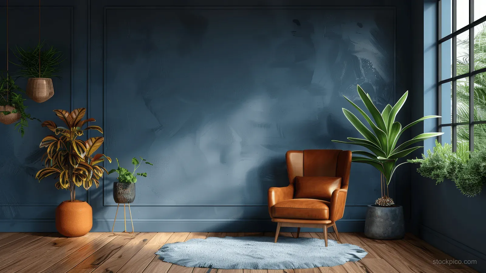 Leather armchair sits on wood flooring in a modern living room with a blue wall, rug, and potted plants.