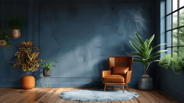 Leather armchair in modern living room beside blue wall, wood floor plants and rug