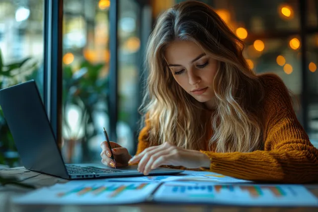 Woman writes beside printed financial charts while working on a laptop in a softly lit office.