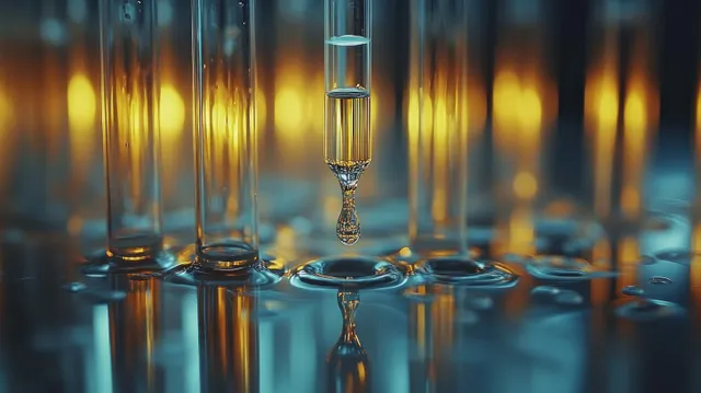 A dropper pouring tiny chemical droplets into test tubes, surrounded by blurred glassware under warm lab lighting.
