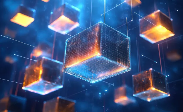 Glowing transparent cubes float in blue cyberspace with dynamic light rays and abstract geometric blocks.