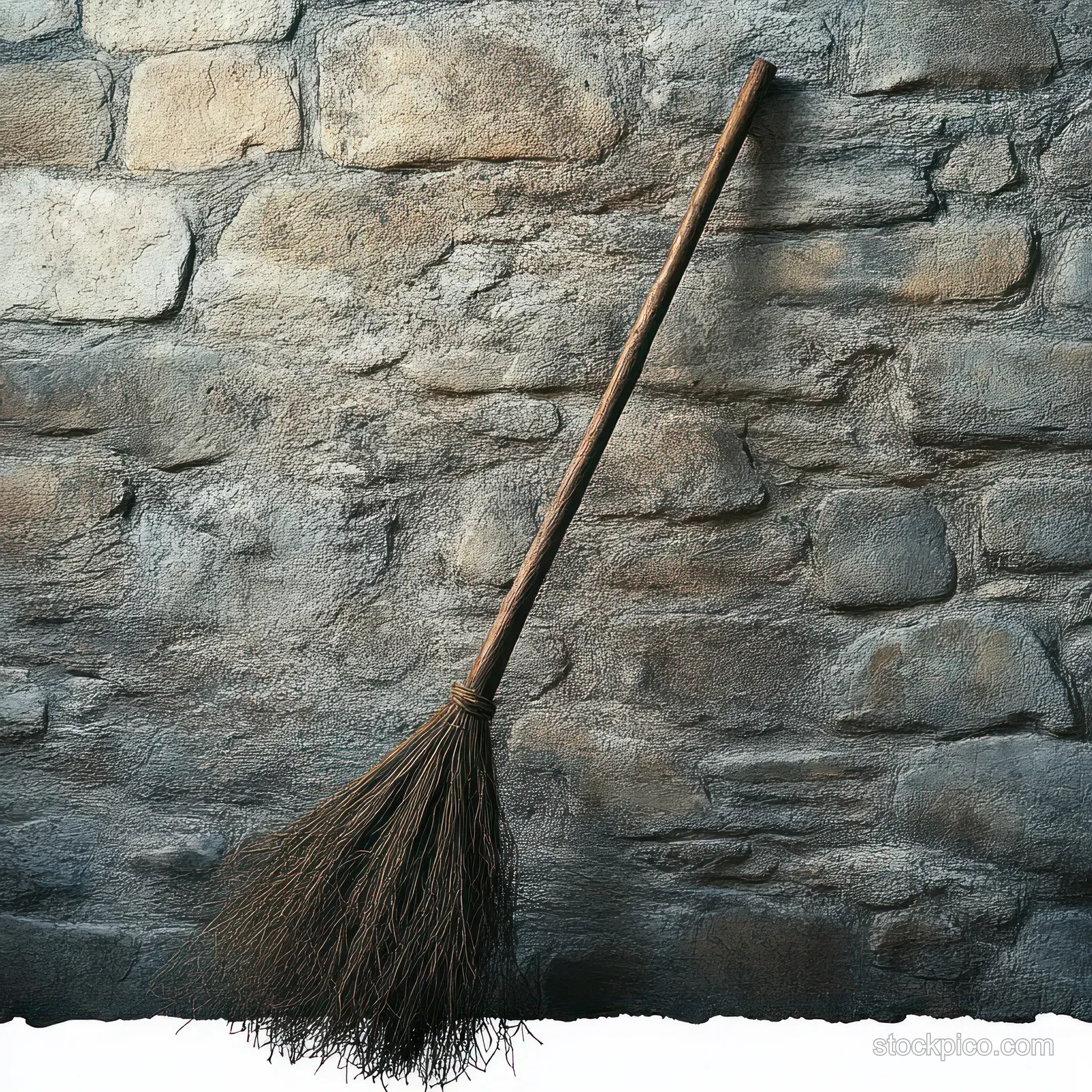 An old handmade broom with bristles leaning against a rough stone wall in dim light.