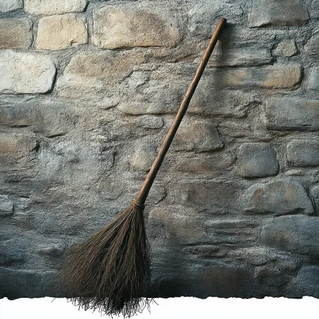 An old handmade broom with bristles leaning against a rough stone wall in dim light.