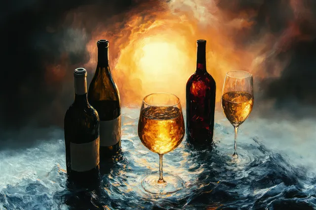 Wine bottles and two golden glasses sit on a rippling water surface under a radiant glowing light.