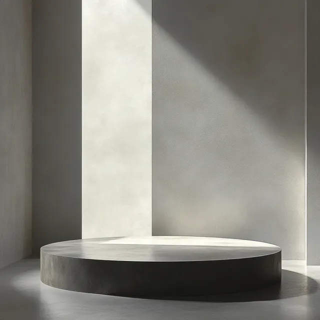 A round concrete pedestal platform is positioned in an empty room, with soft sunlight casting angled shadows on textured walls.