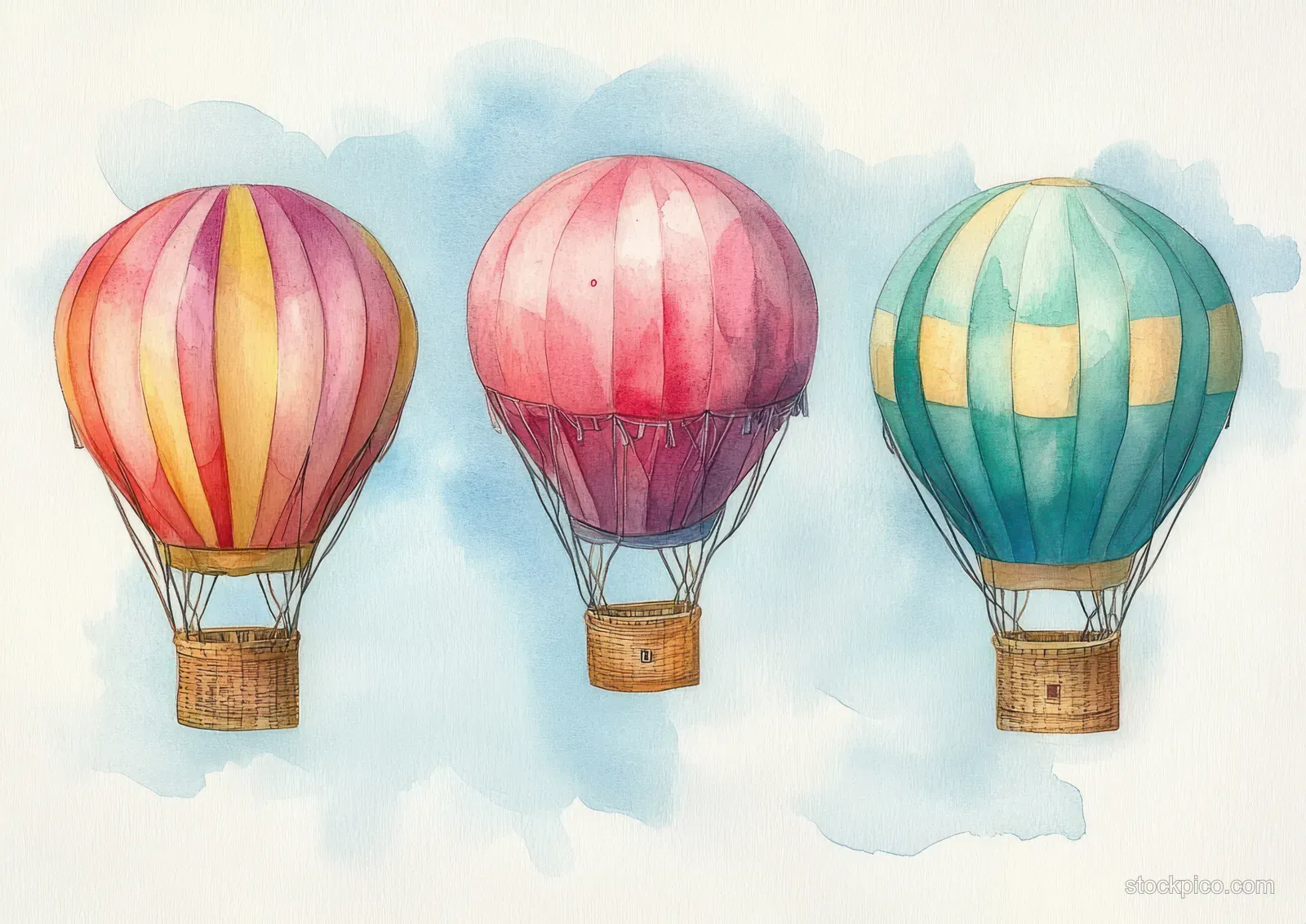 Three watercolor hot air balloons float across a soft blue sky with cloudlike watercolor washes.