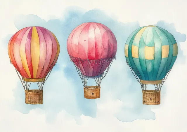 Three watercolor hot air balloons float across a soft blue sky with cloudlike watercolor washes.