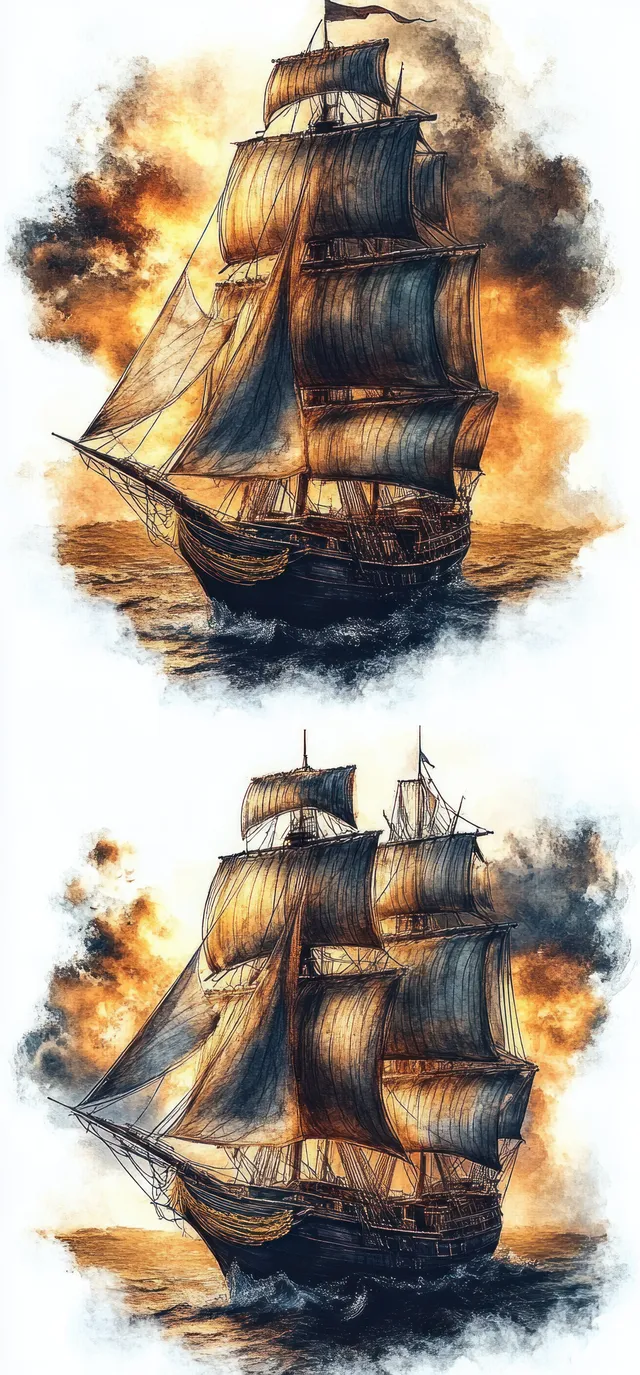 Two vintage sailing ships with billowing sails on choppy seas under a fiery sunset sky with dark storm clouds.