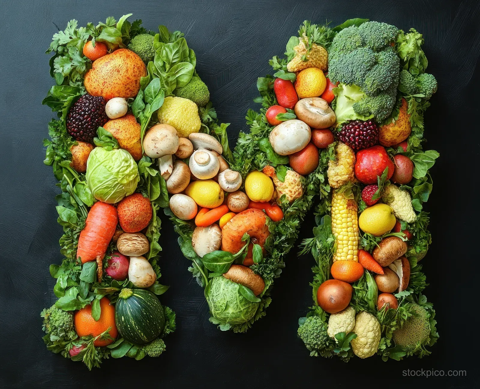 Letter M artwork assembled from fresh vegetables and fruits on a dark background.