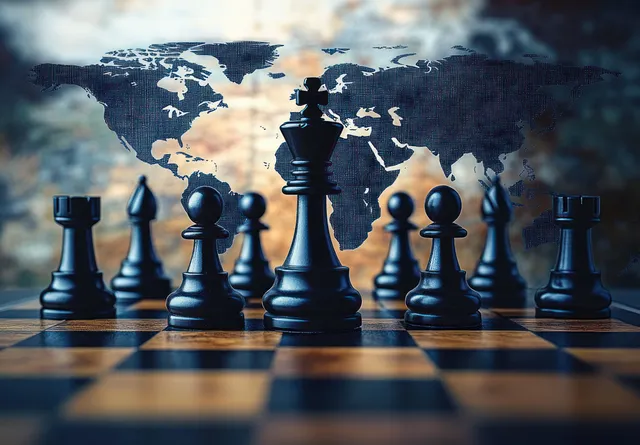 Black chess pieces are arranged on a chessboard with a blurred world map background behind them.