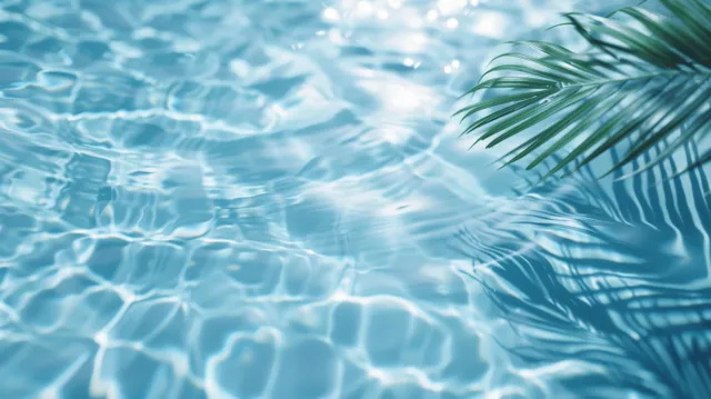 Palm leaf shadow patterns over clear blue ocean water ripples in bright summer light