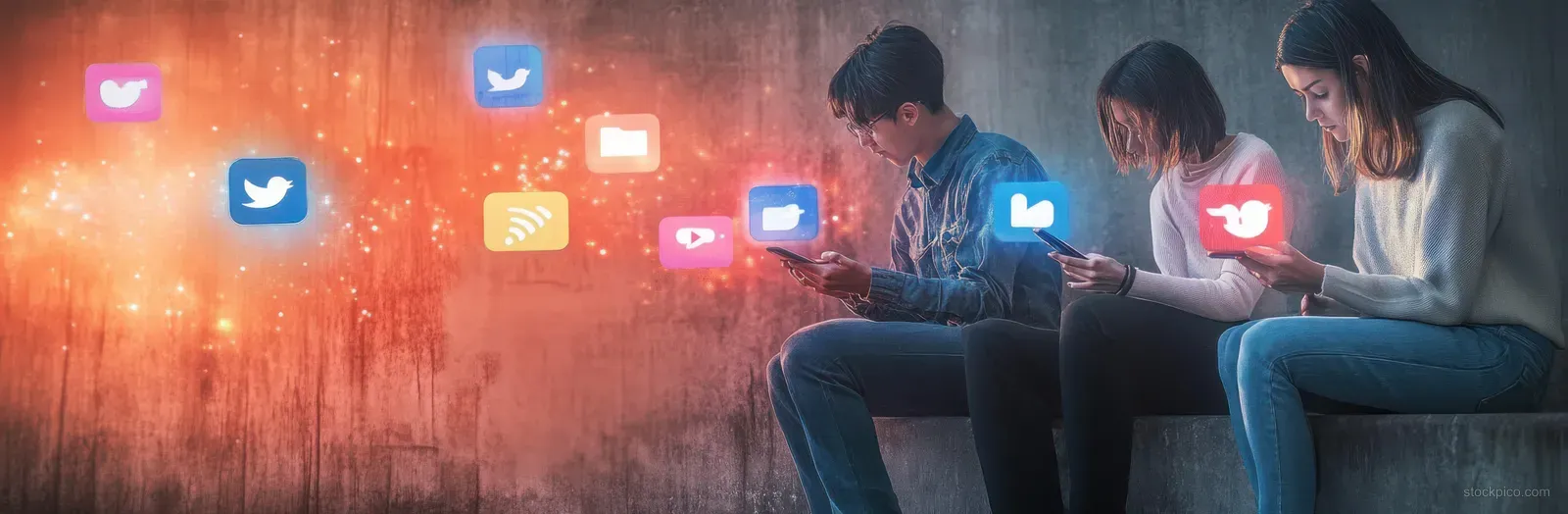 Friends sit on a bench using smartphones while glowing social media icons float around them.