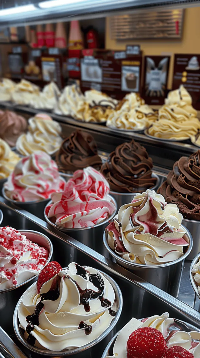Assorted gelato scoops in metal trays inside an Italian dessert shop display counter
