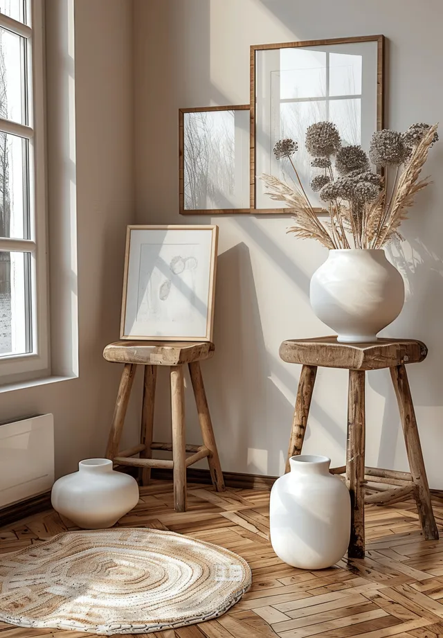 Scandinavian boho interior corner with wooden stool, ceramic vase, and framed poster artwork