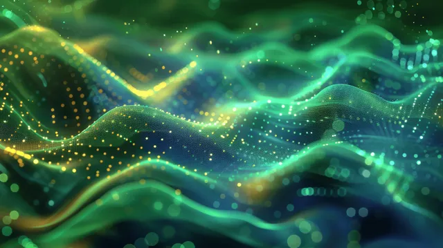 Abstract digital sound wave background with glowing green and blue light waves and bokeh dots, ideal for audio and technology themes.