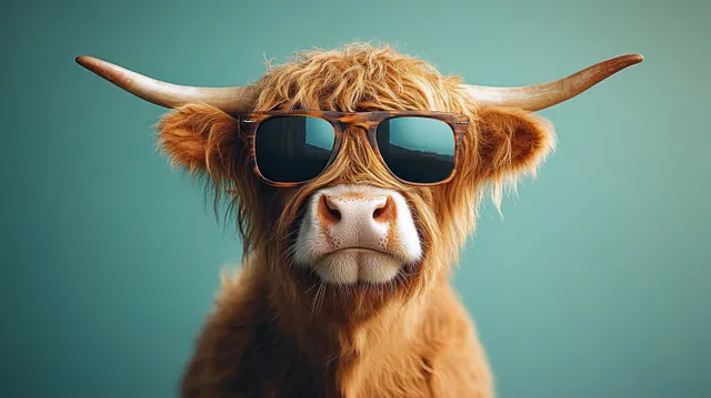 Brown long-haired cow wearing reflective sunglasses posing against a soft blue background