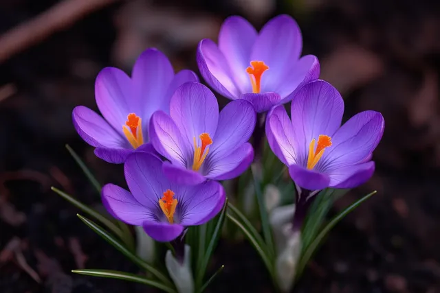 Purple crocus flowers with orange stamens bloom from dark soil outdoors in soft focus.