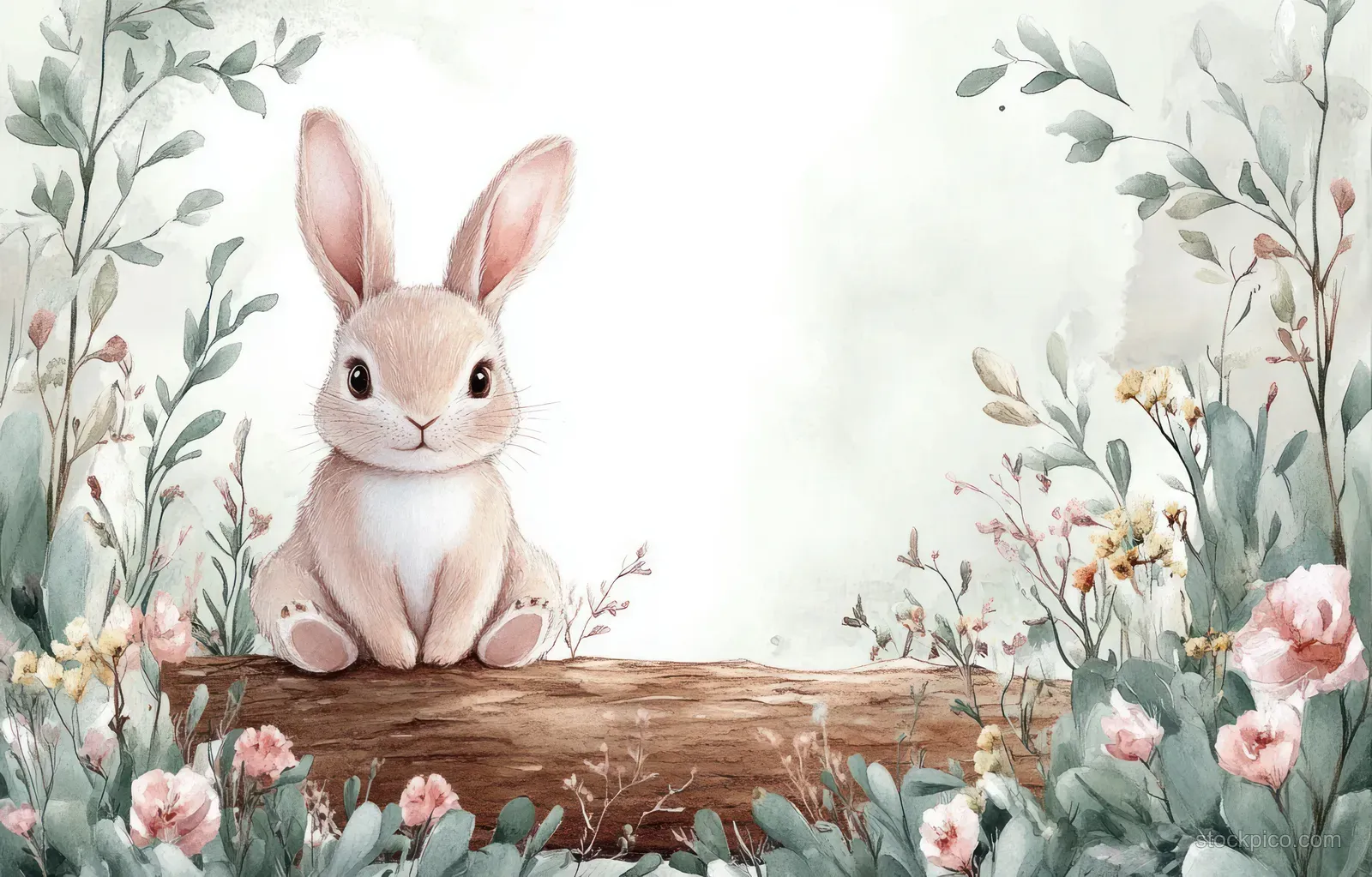 Watercolor bunny sits on a log with surrounding pastel flowers and leafy branches.