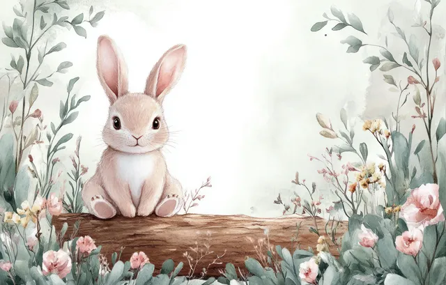 Watercolor bunny sits on a log border, surrounded by soft woodland flowers and leaves
