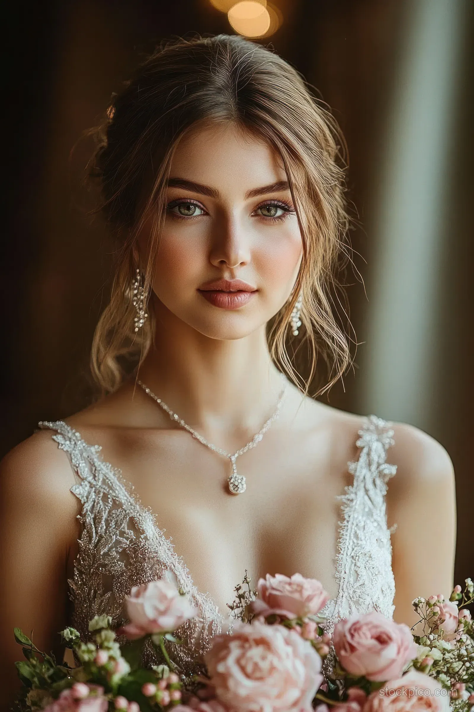 Young woman wearing a lace dress and pearl jewelry holds a bouquet of pink roses against a warm blurred background.