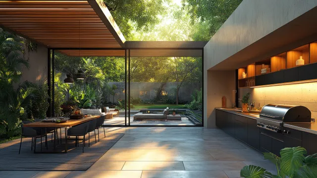 Modern outdoor kitchen with a stainless grill and patio dining table beneath a minimalist pergola in sunlight.